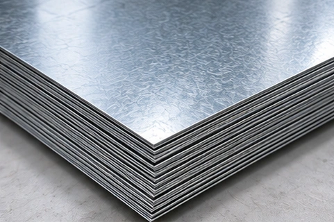 Stack of smooth silver galvanised steel sheets